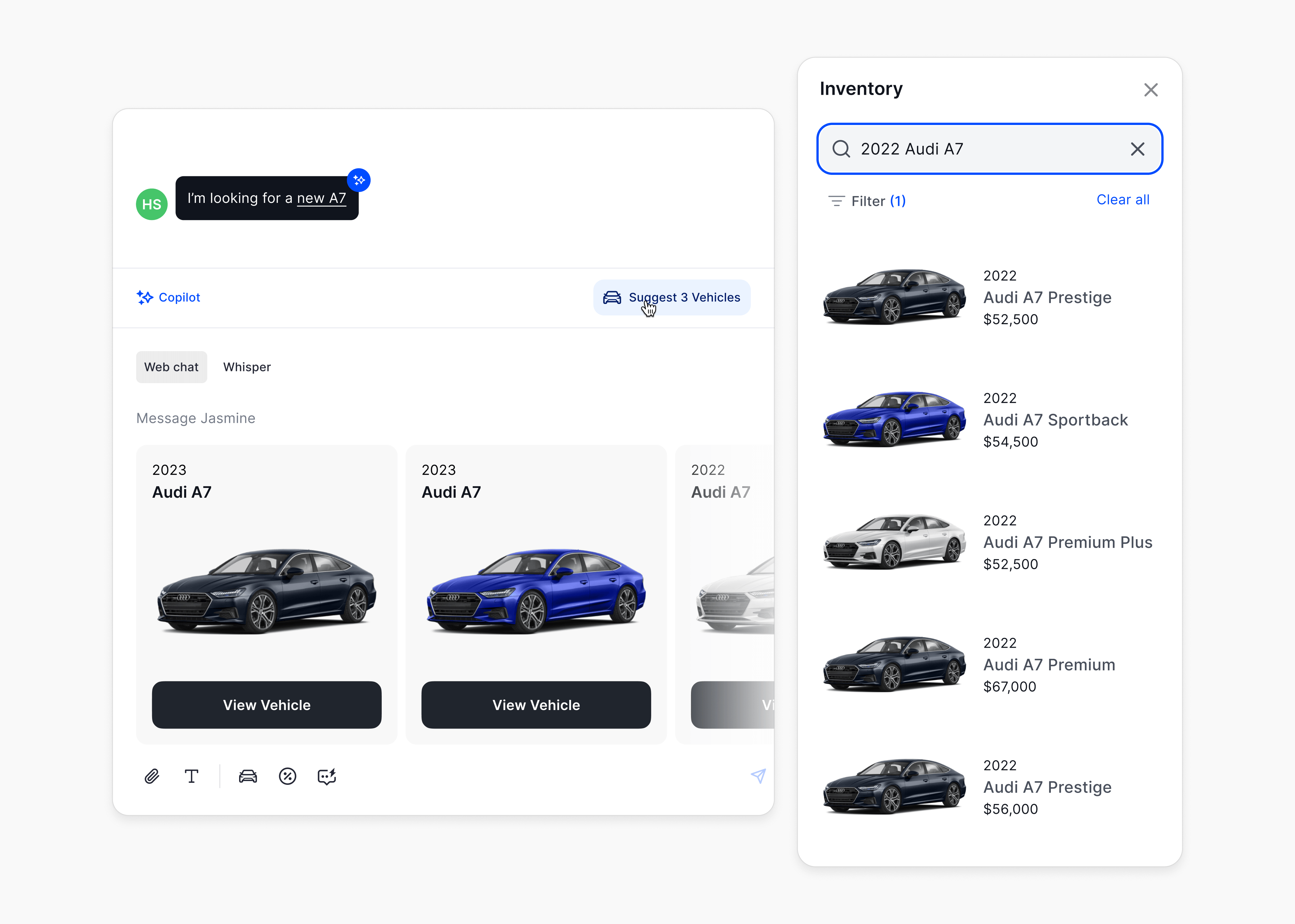 Copilot suggesting matching vehicles from inventory for a customer request