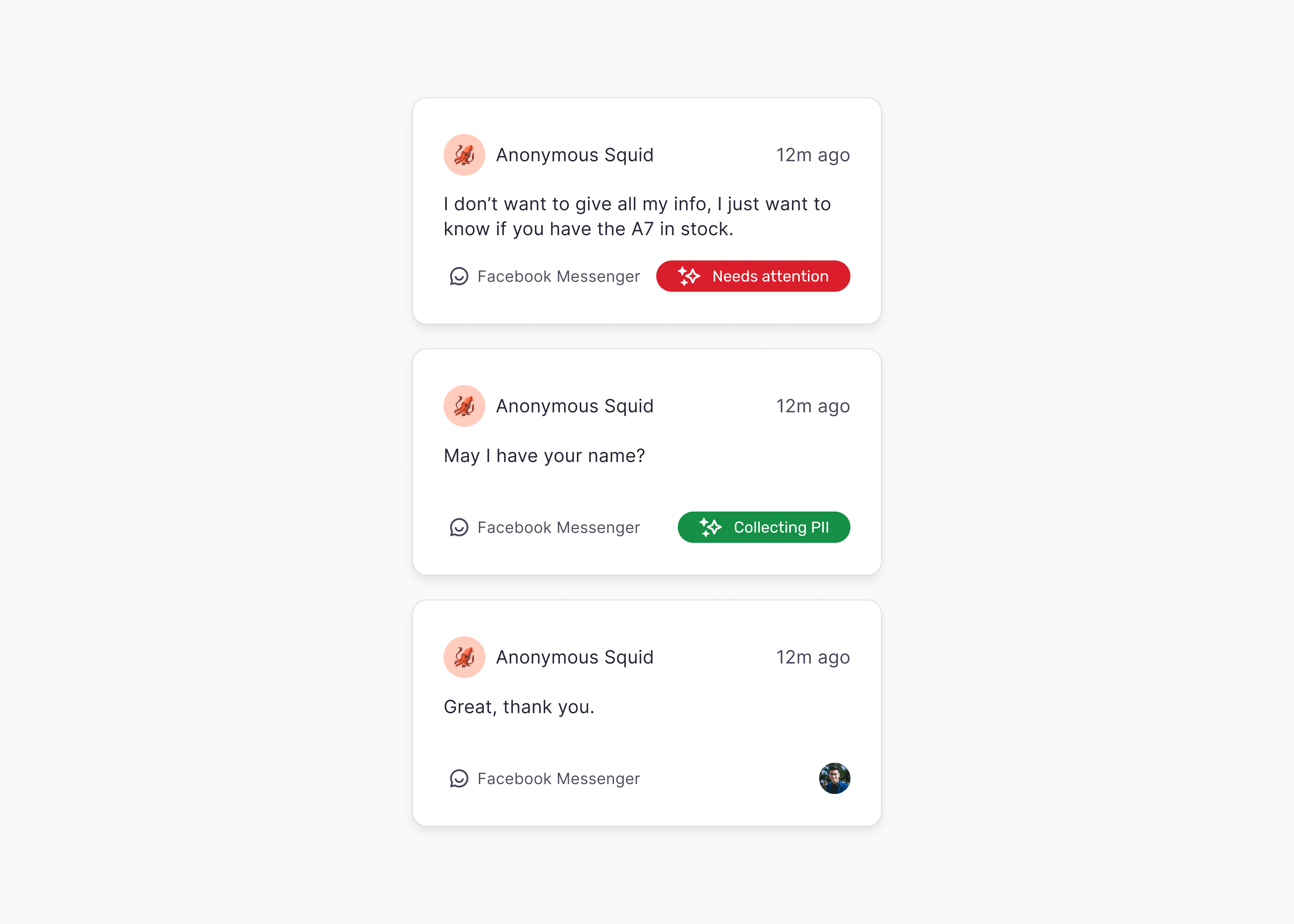 Chat cards showing Copilot's progress, from needs attention to collecting PII