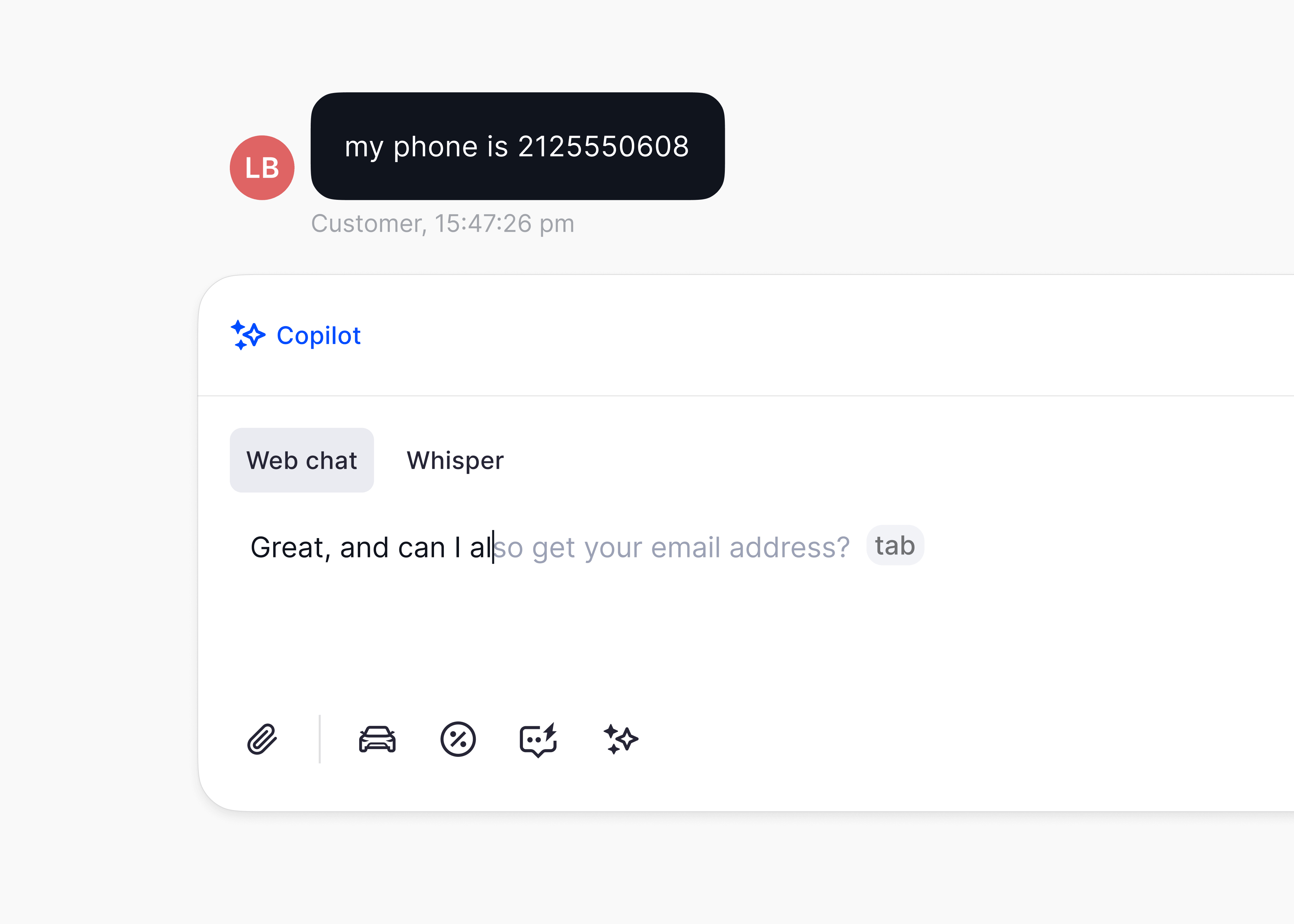 Copilot suggesting an inline reply to collect a customer's email in the composer