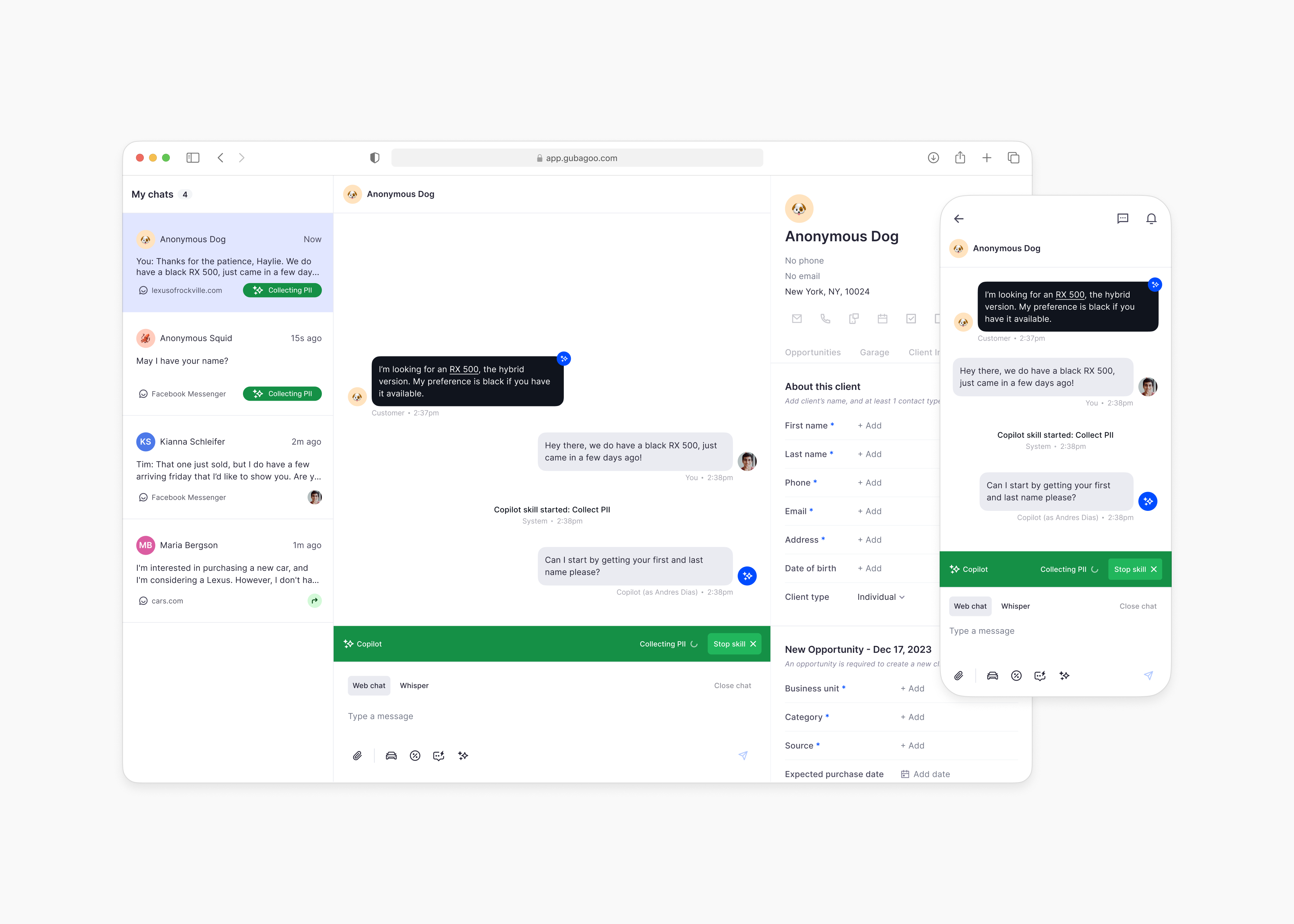 Copilot control bar collecting customer info in a live dealership chat