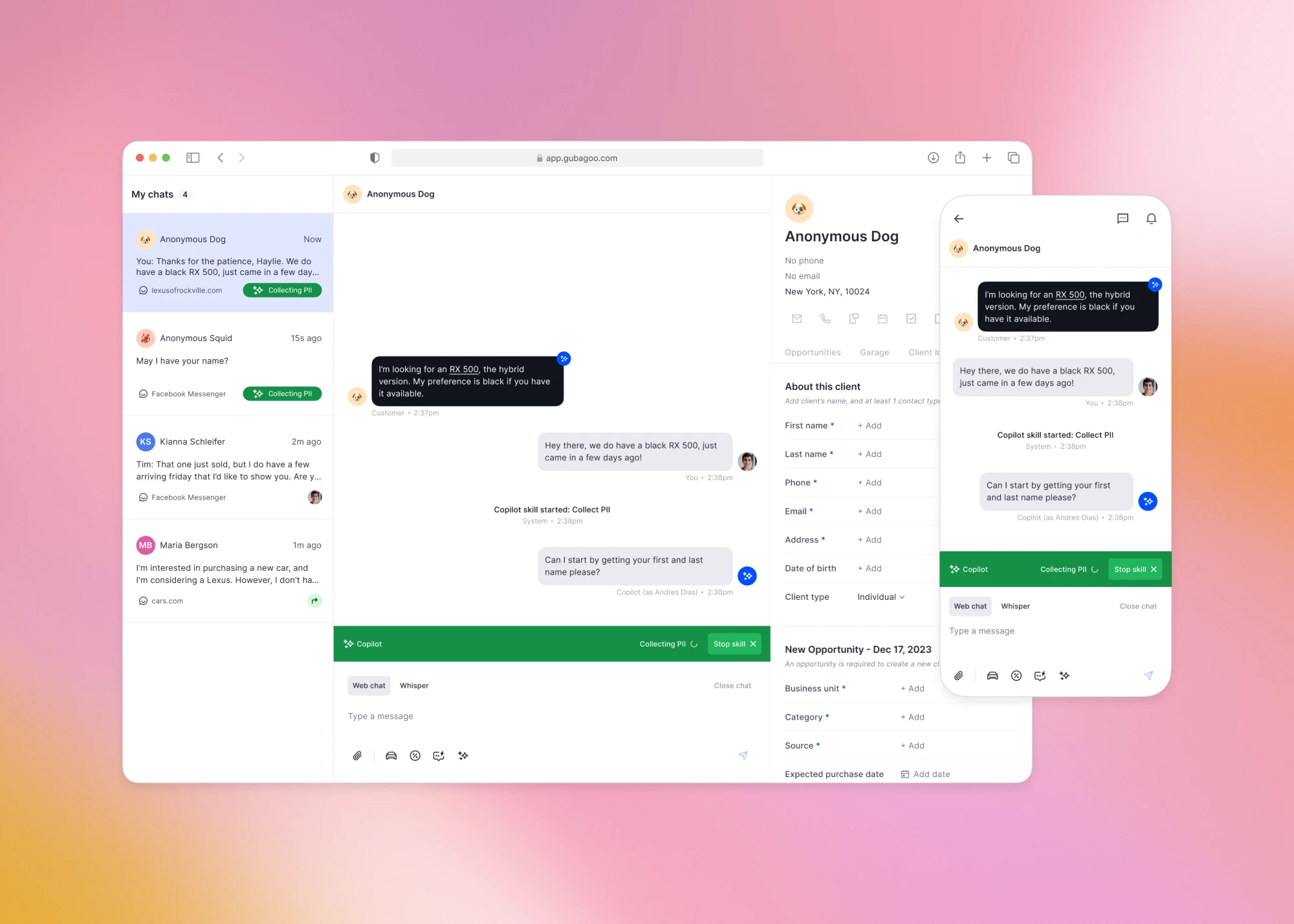 Copilot collecting client info in a live dealership chat, on desktop and mobile