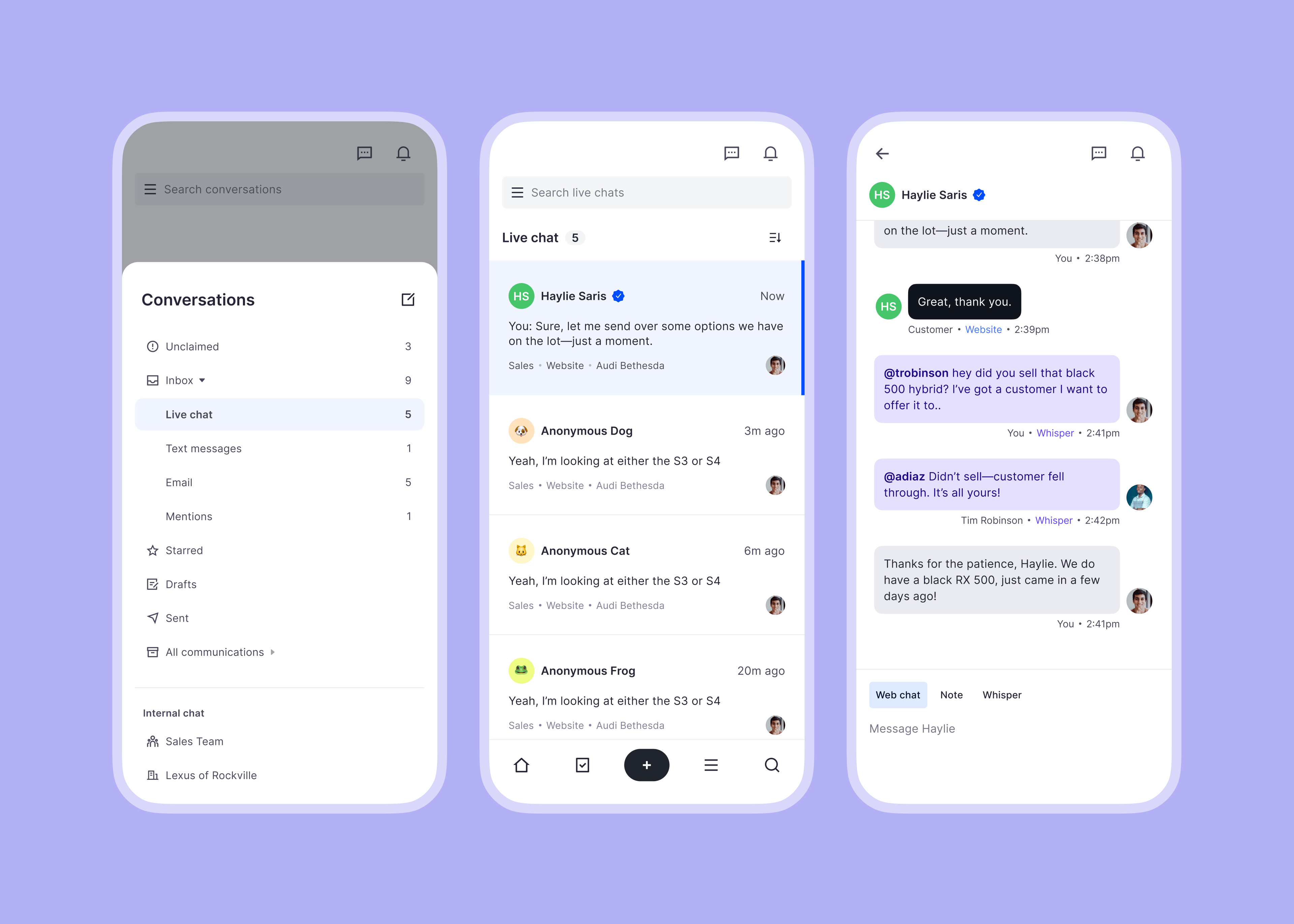 CRM mobile chat — product UI showcase