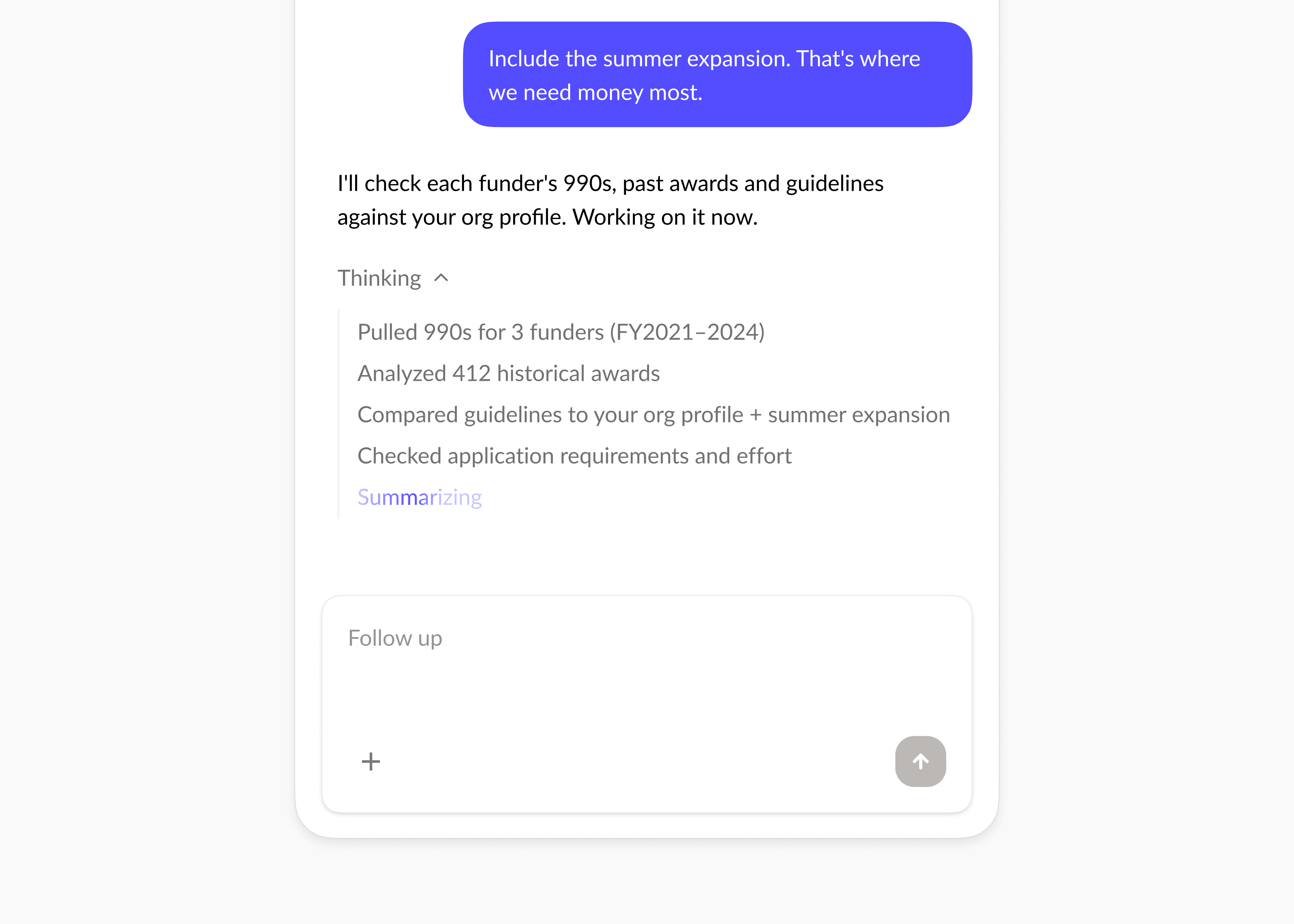 Instrumentl setup flow, agent guiding users through their project