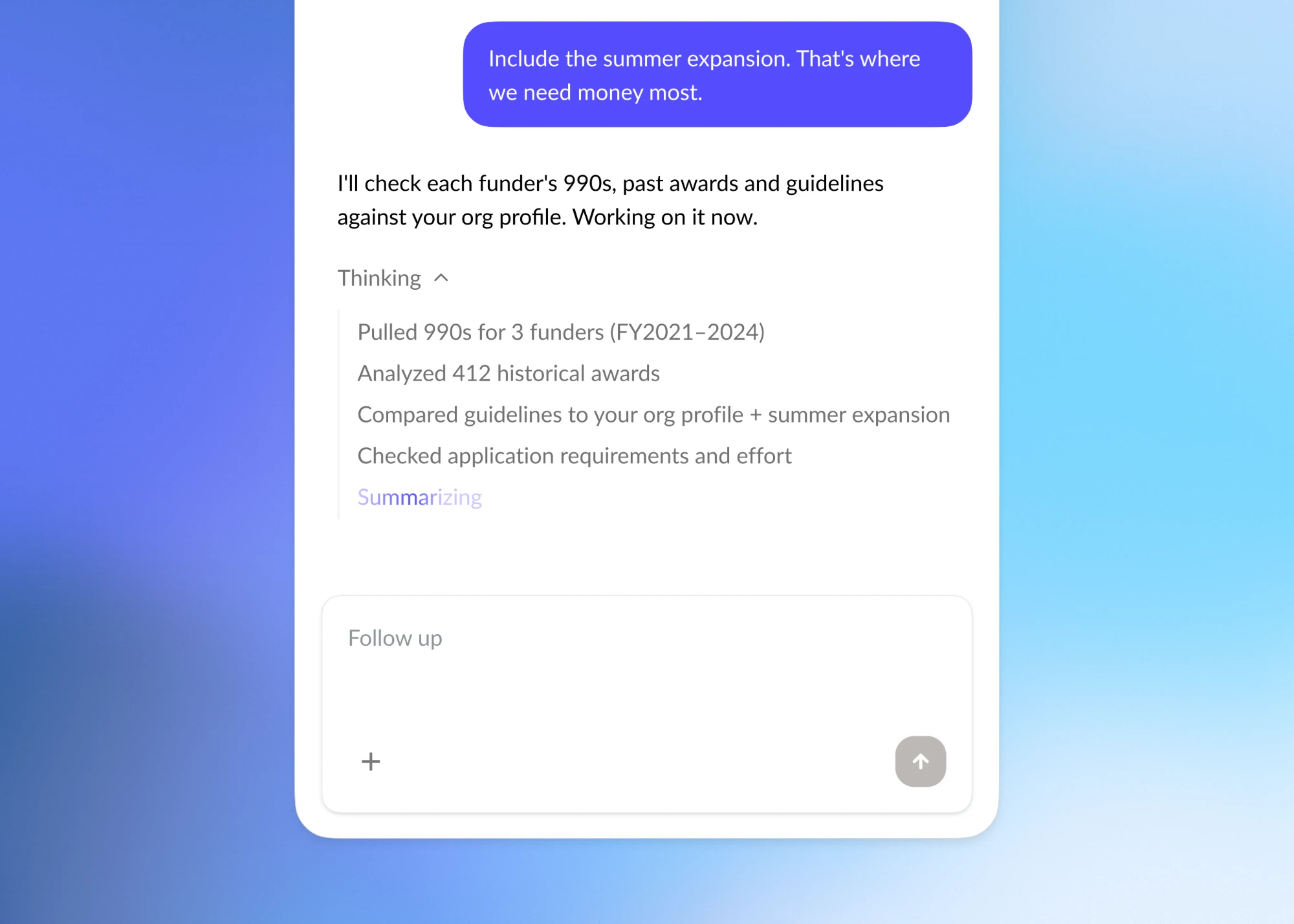 Instrumentl Discover agent thinking through funder research for a user