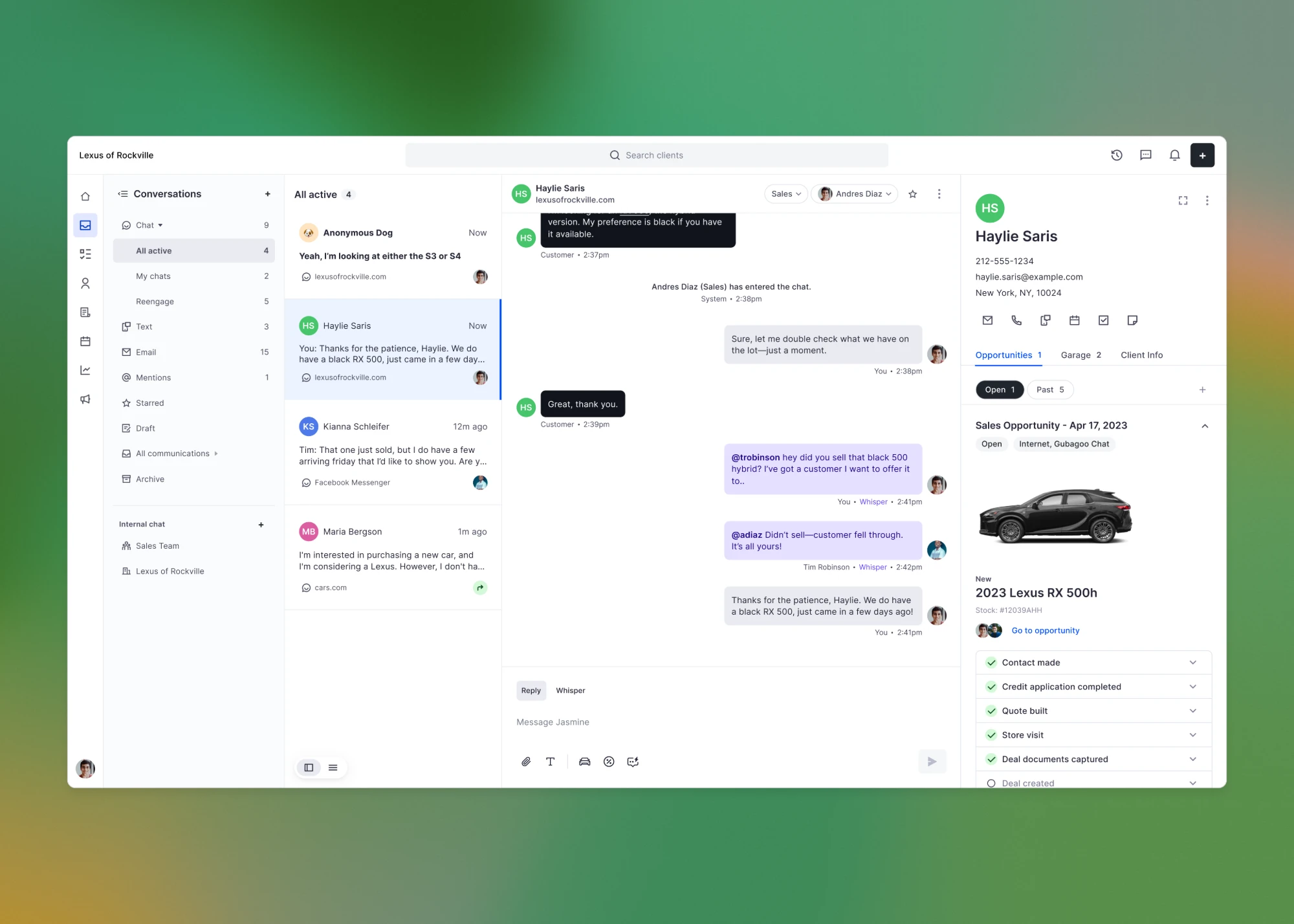 Gubagoo CRM inbox, showing an active dealership chat conversation and client opportunity panel