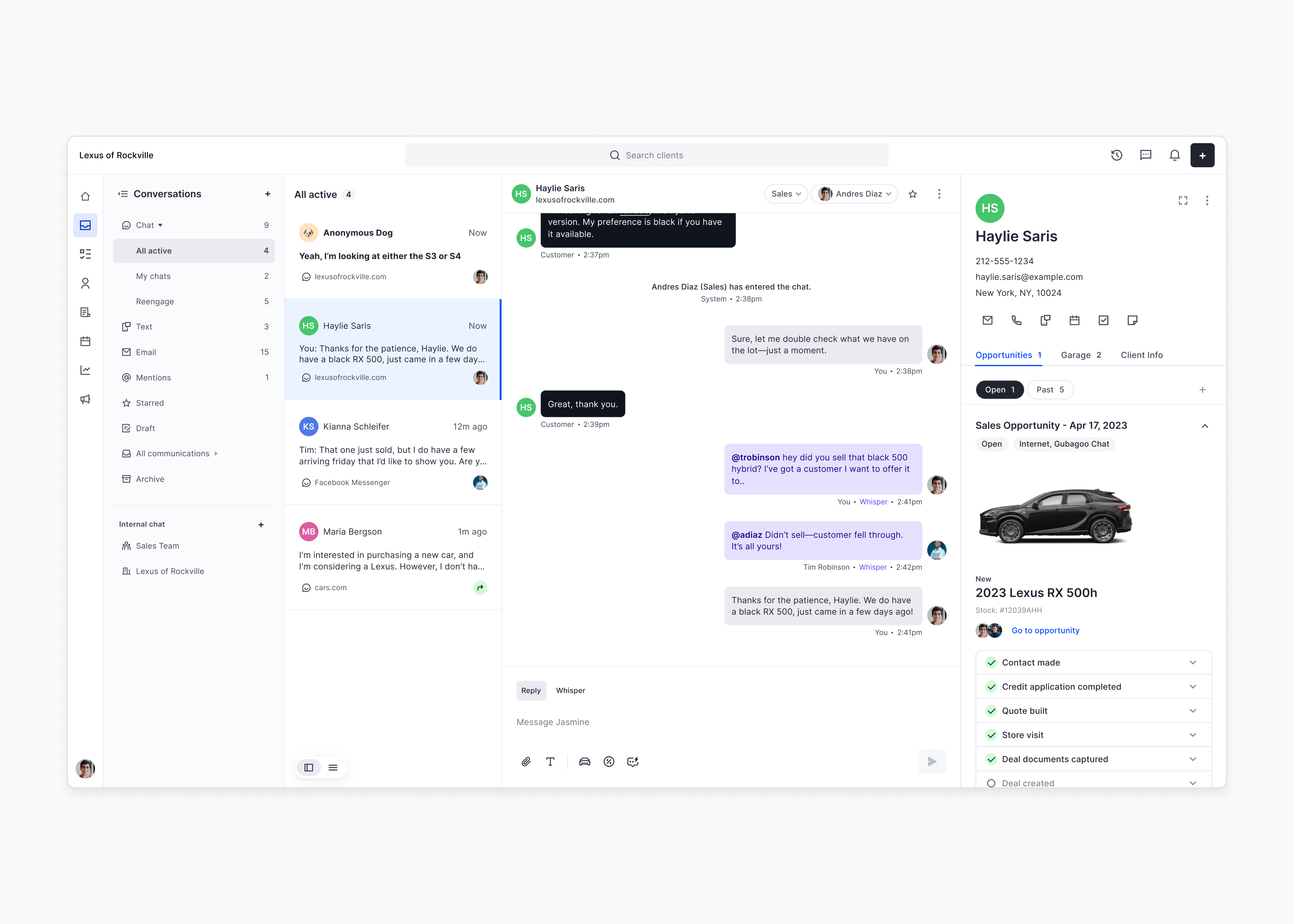 Gubagoo CRM inbox, showing an active dealership chat conversation and client opportunity panel