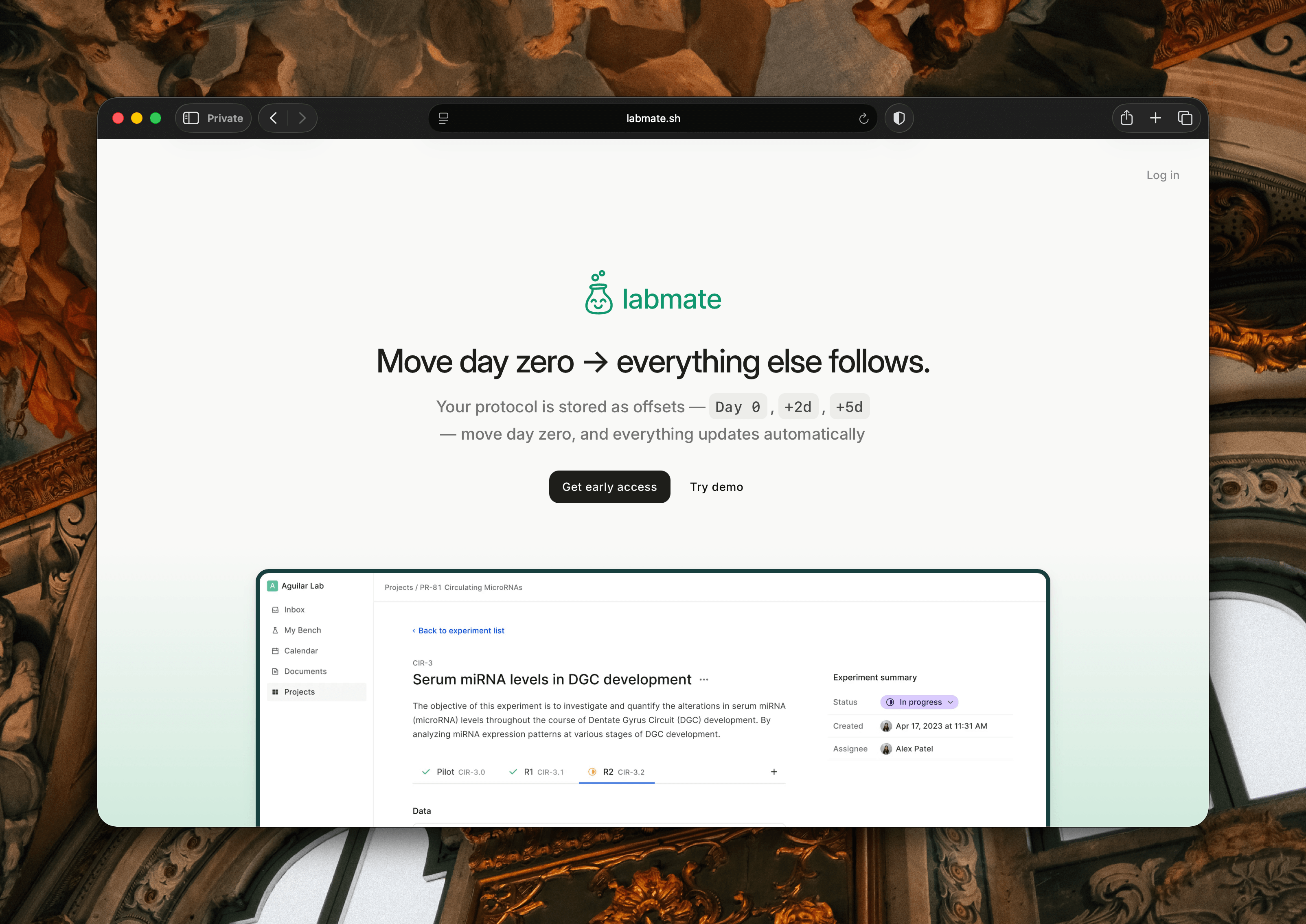 Labmate landing page with an experiment tracker preview