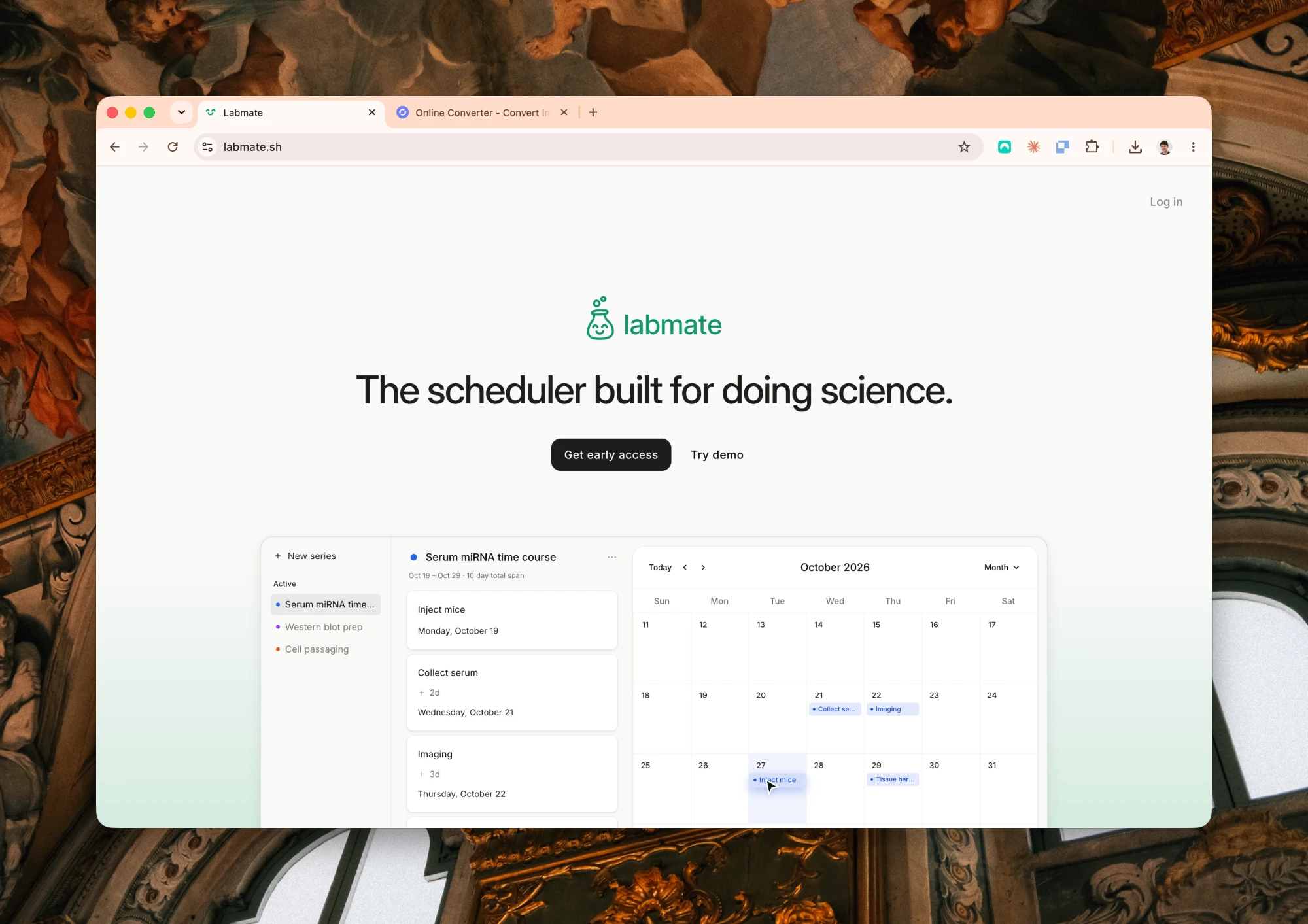 Labmate landing page with an experiment tracker preview