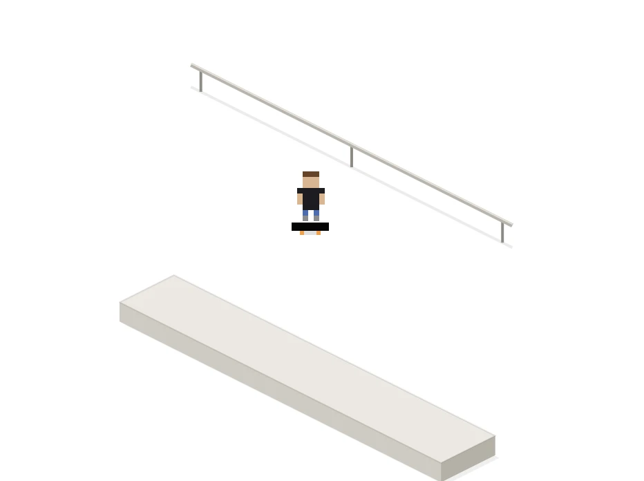 The first prototype: a pixel skater next to a rail and a ledge